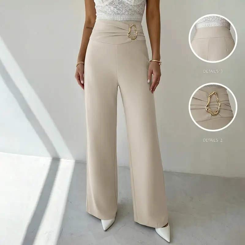 Women's High Waist Straight Leg Button Detail Pants