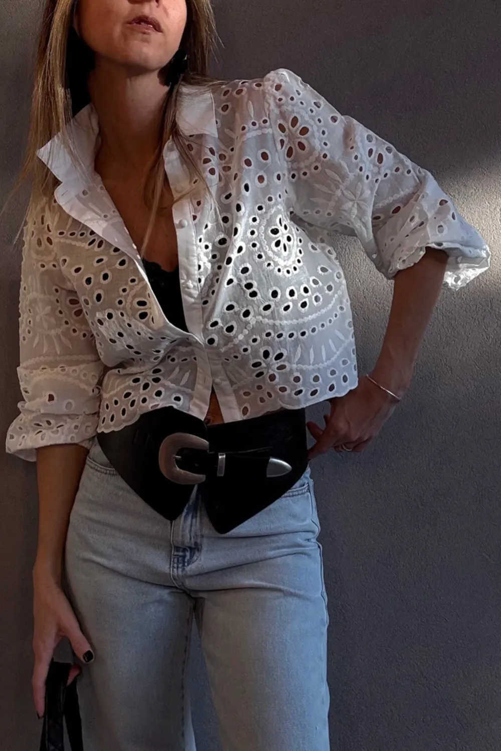 White Eyelet Embroidered Puff Sleeve Shirt