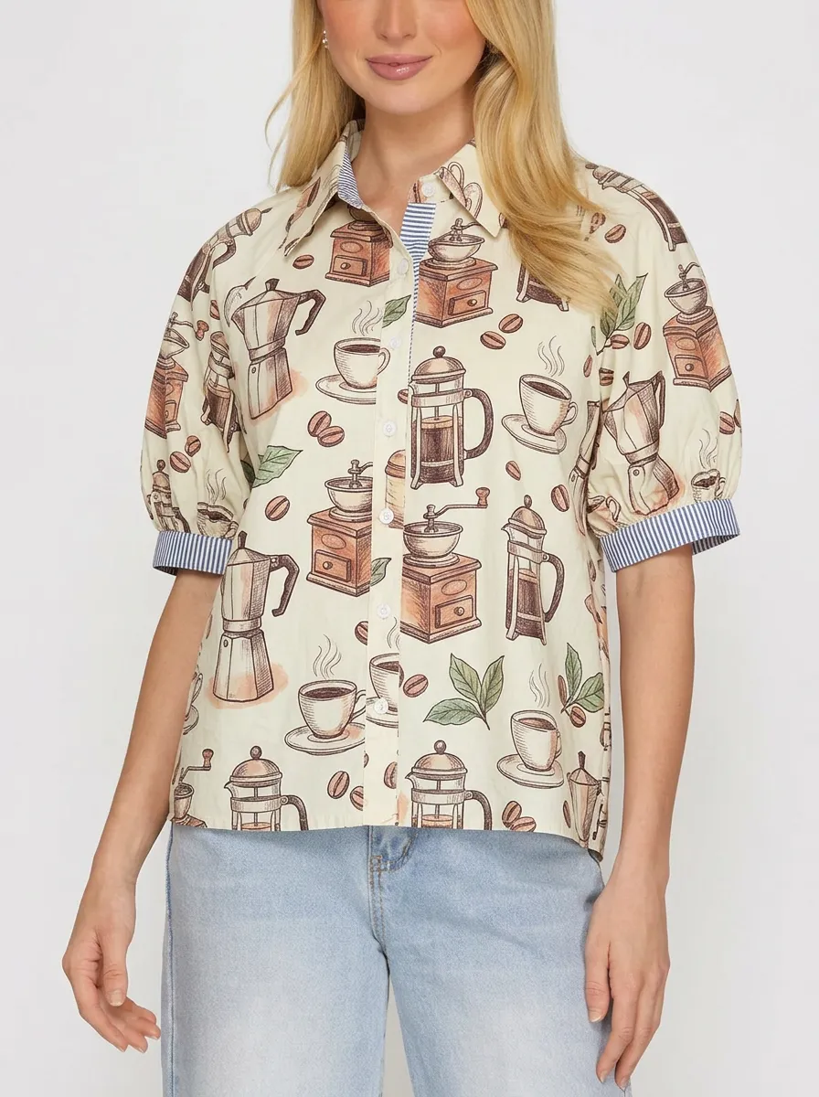 Women's Coffee Lover French Press Grinder Printed Shirt