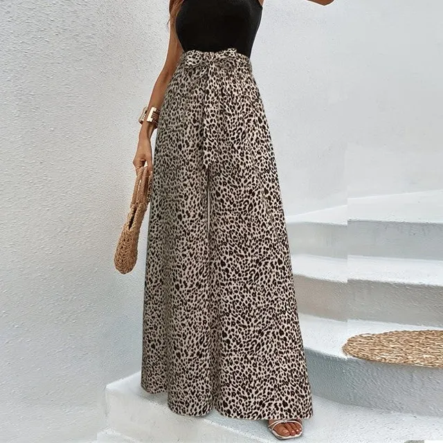Women's Flared Leopard Print Printed Bow Detail Pants