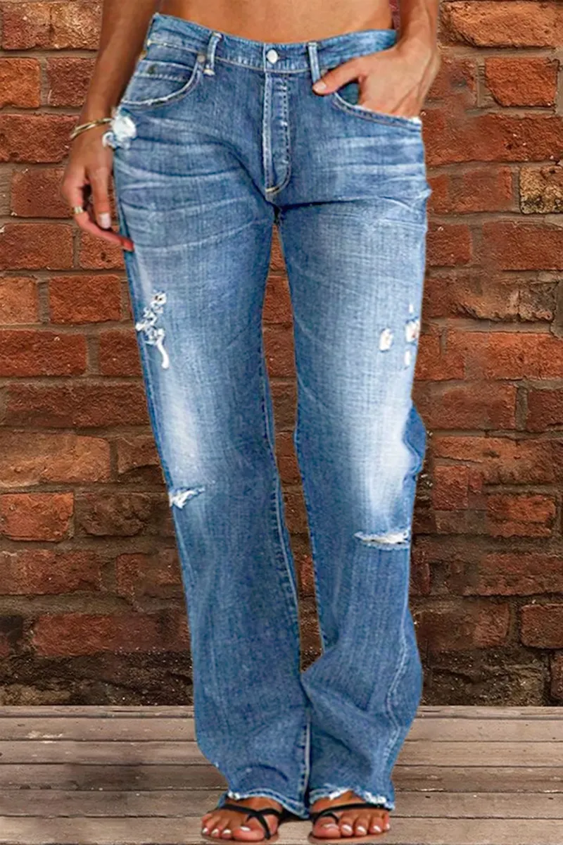 Ripped Low Waist Straight Leg Jeans