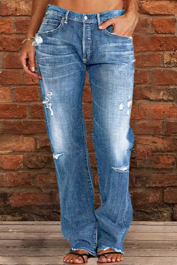 Ripped Low Waist Straight Leg Jeans