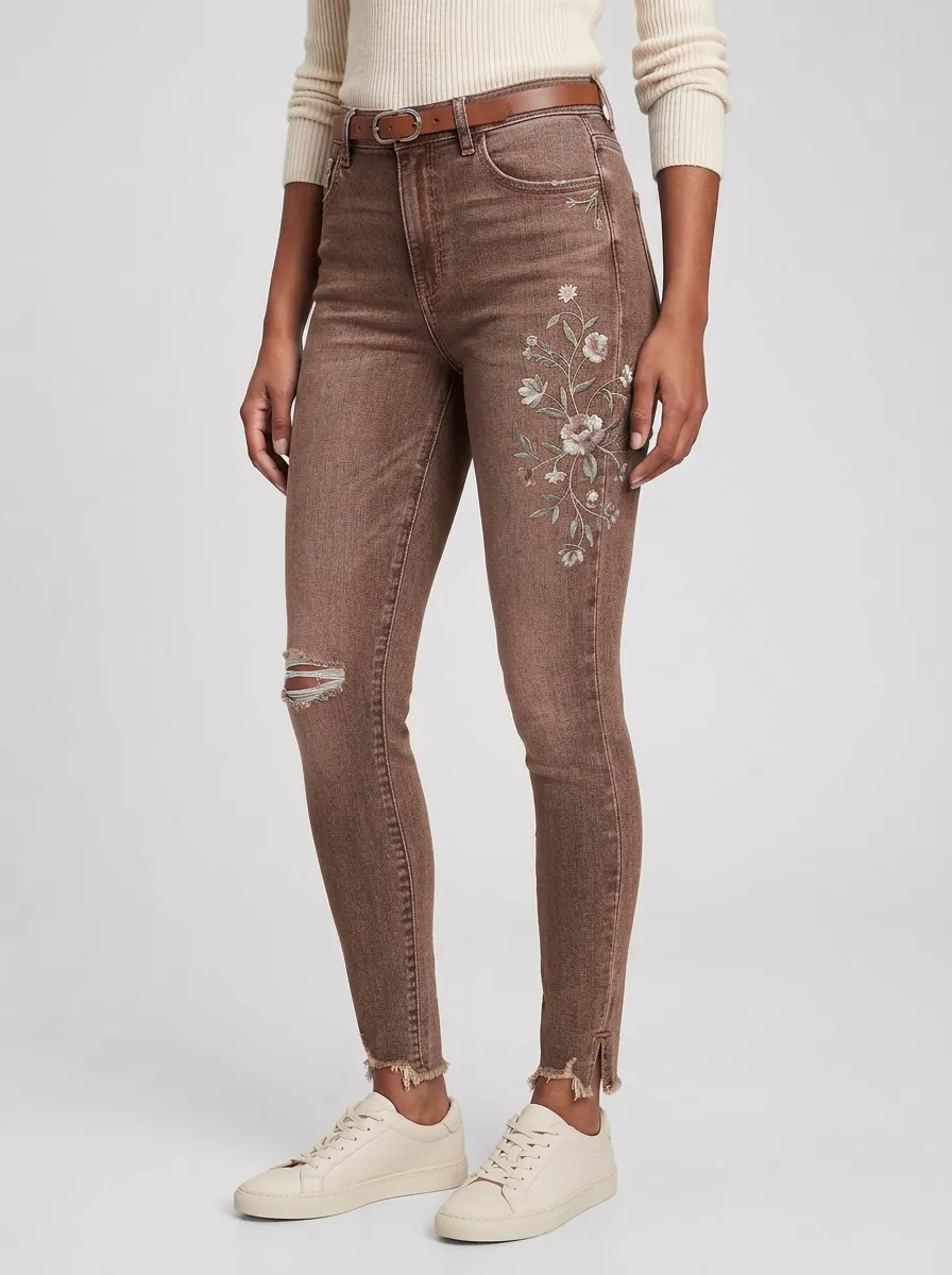Women's Floral Embroidery Distressed Hem Printed Slim Jeans