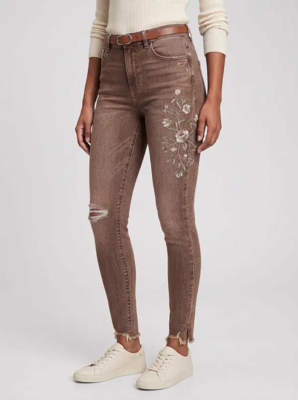 Women's Floral Embroidery Distressed Hem Printed Slim Jeans