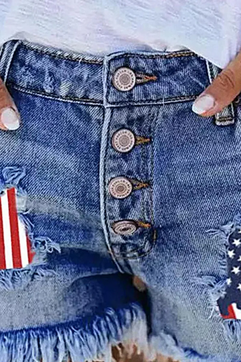 American Flag Pattern Button Fly Raw Hem Denim Shorts
