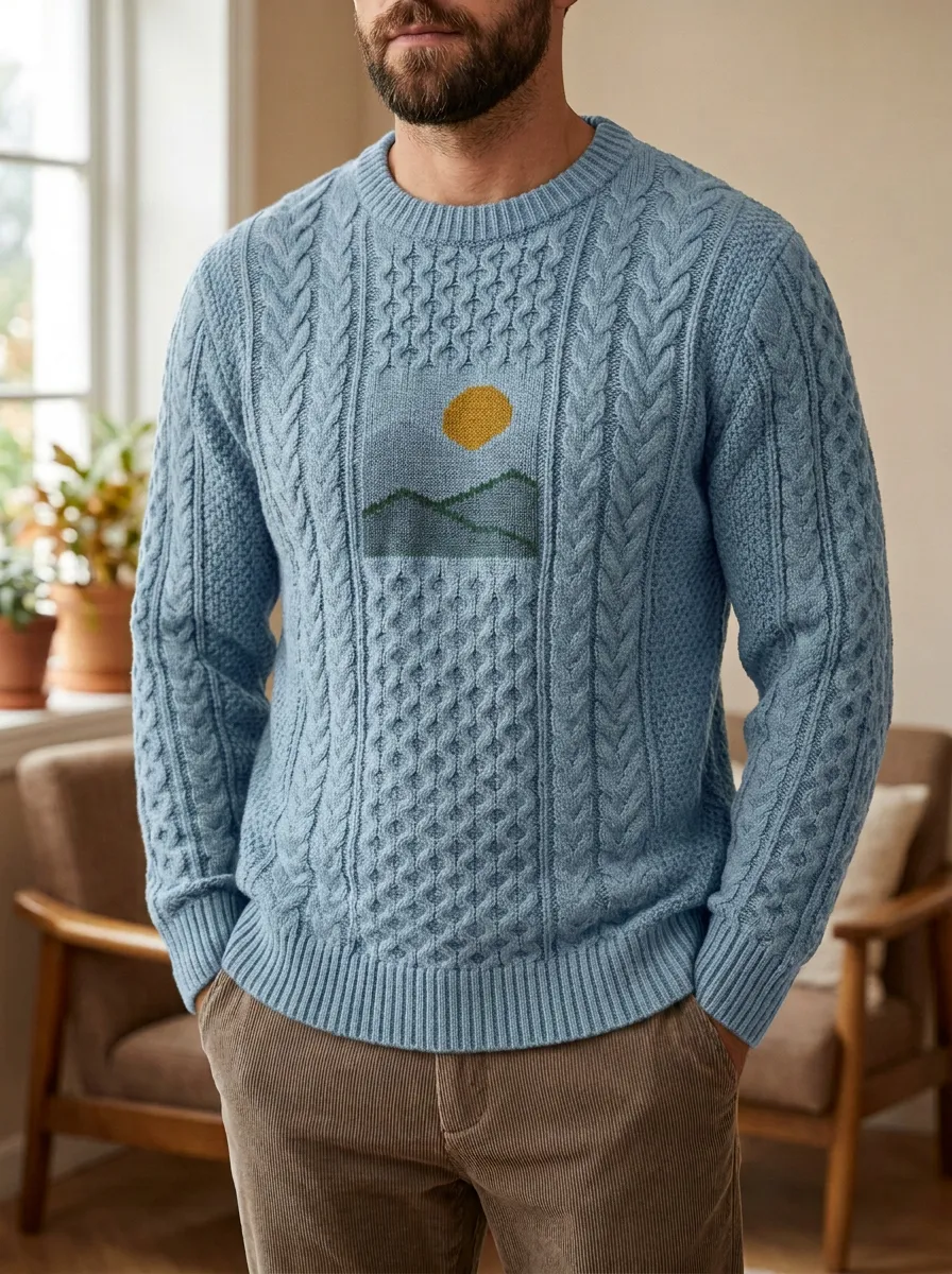 Men's Mountain Sunset Cable Knit Crewneck Sweater