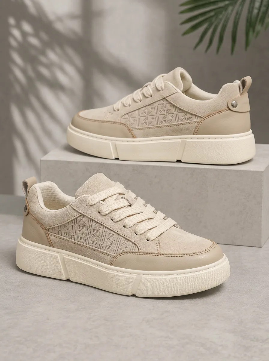 Men's Beige Geometric Pattern Printed Casual Sneakers