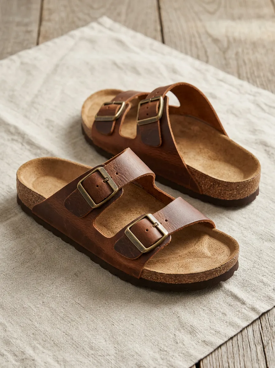 Unisex Classic Leather Twin Buckle Cork Sandals
