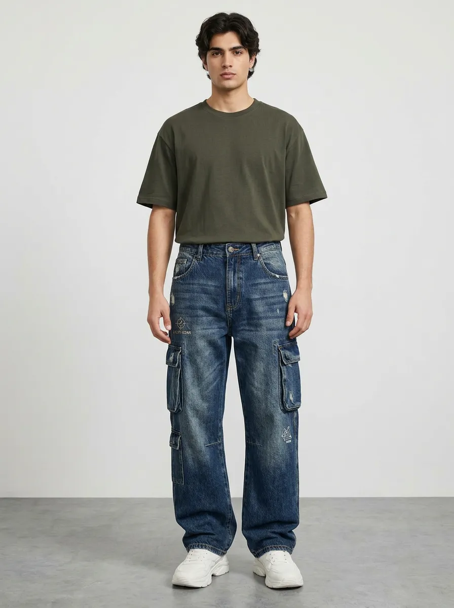 Men's Ridge Streetwear Distressed Graphic Cargo Jeans