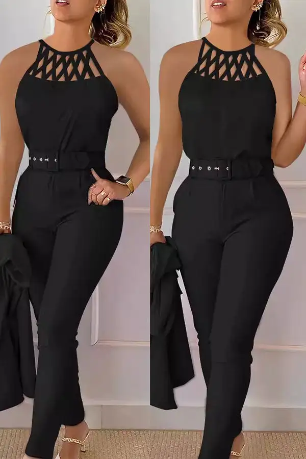Solid Color Belted Round Neck Sleeveless Pant Set