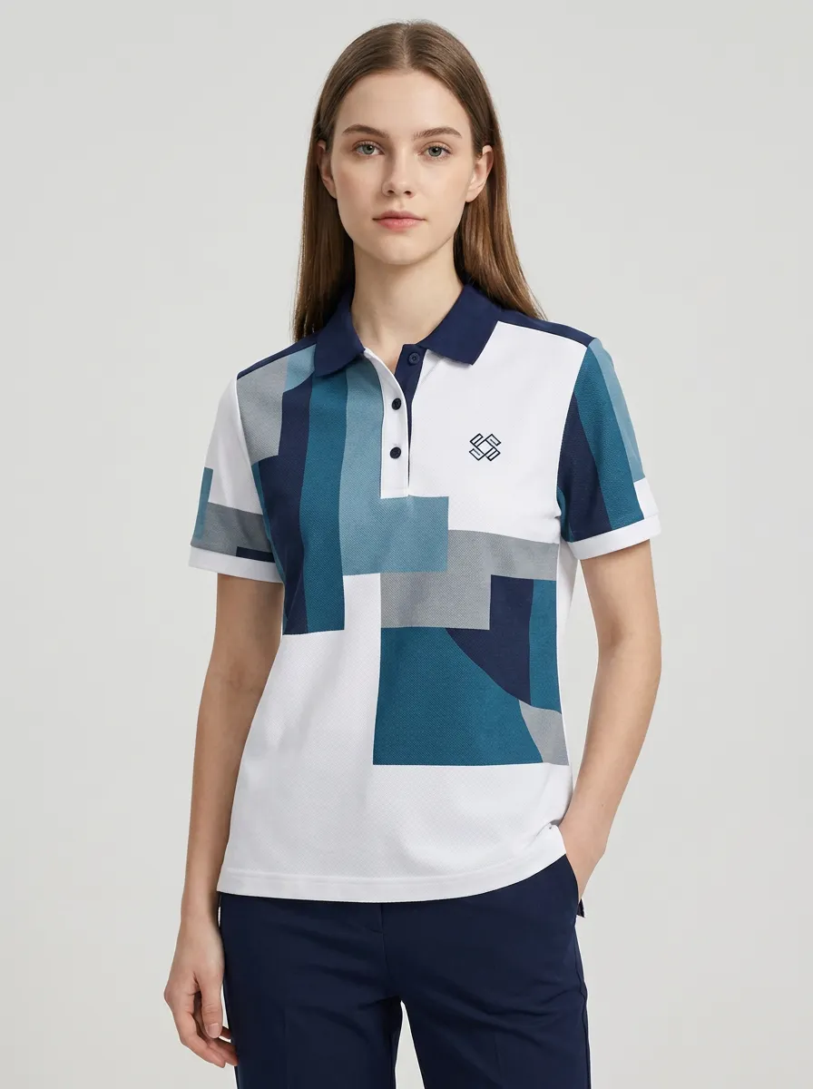 Women's Geometric Pattern Blue White Printed Polo Shirt