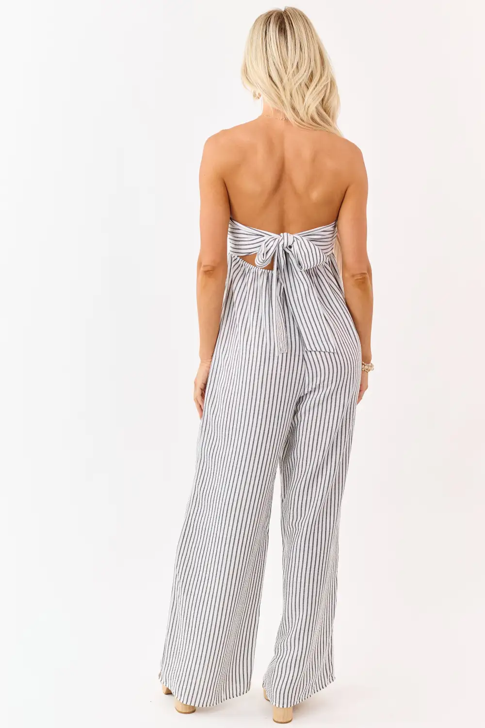 Off Striped Strapless Wide Leg Jumpsuit