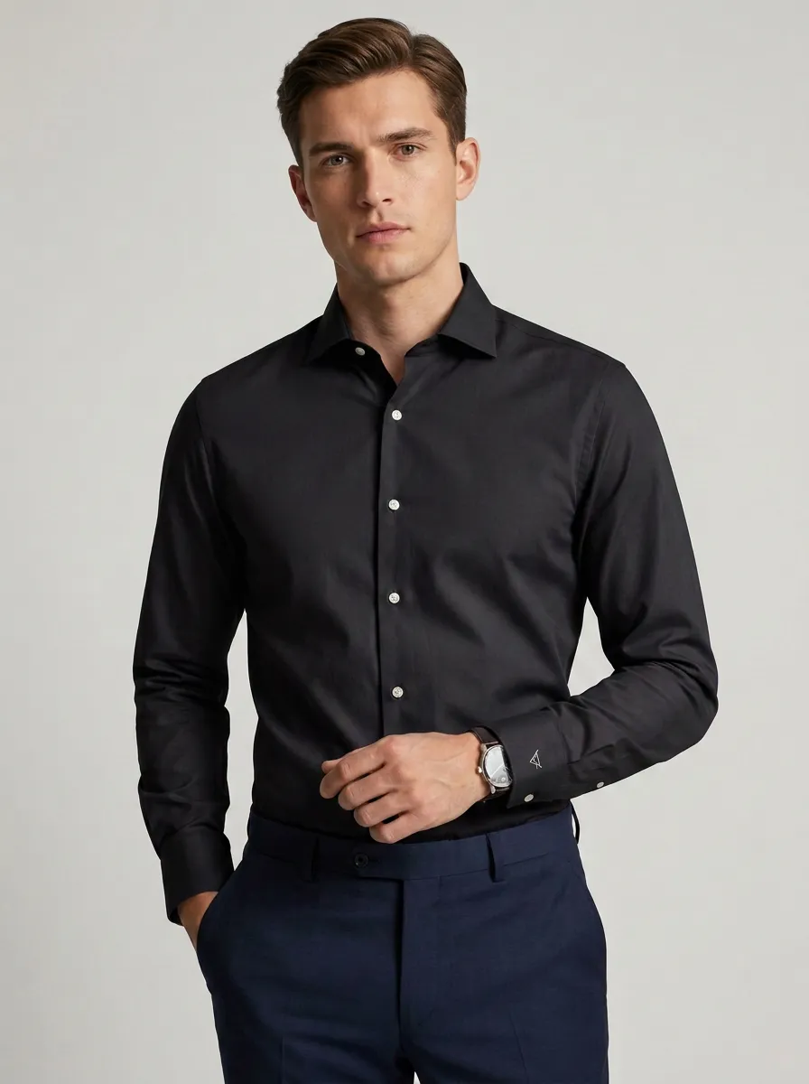 Men's Non-Iron Cotton  Logo Embroidered Long Sleeve Shirt