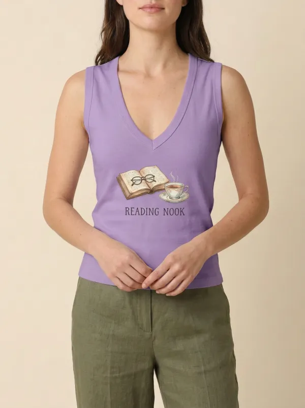 Women's Book Lover Reading Nook Coffee Glasses Printed Tank Top