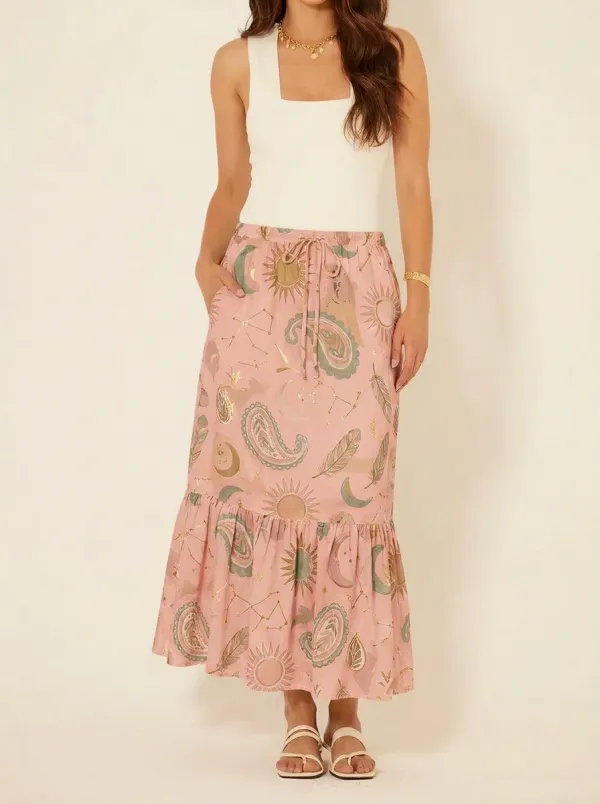 Women's Boho Celestial Sun Moon Paisley Printed Midi Skirt