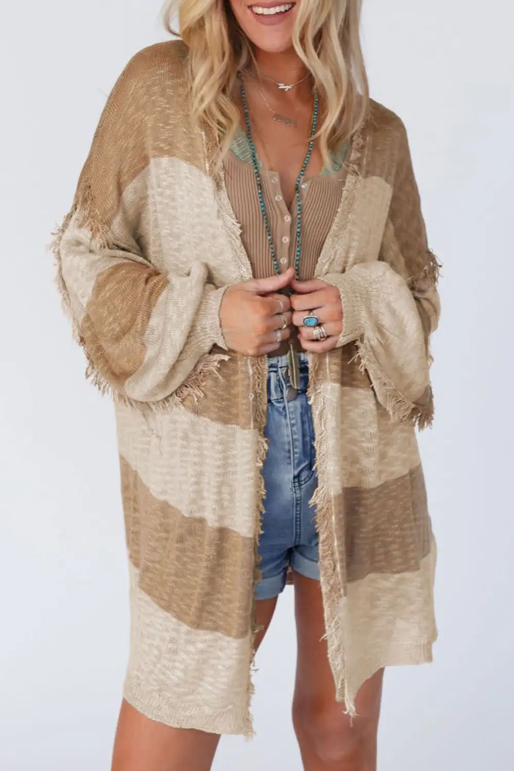 Lantern Sleeve Fringed Open Cardigan