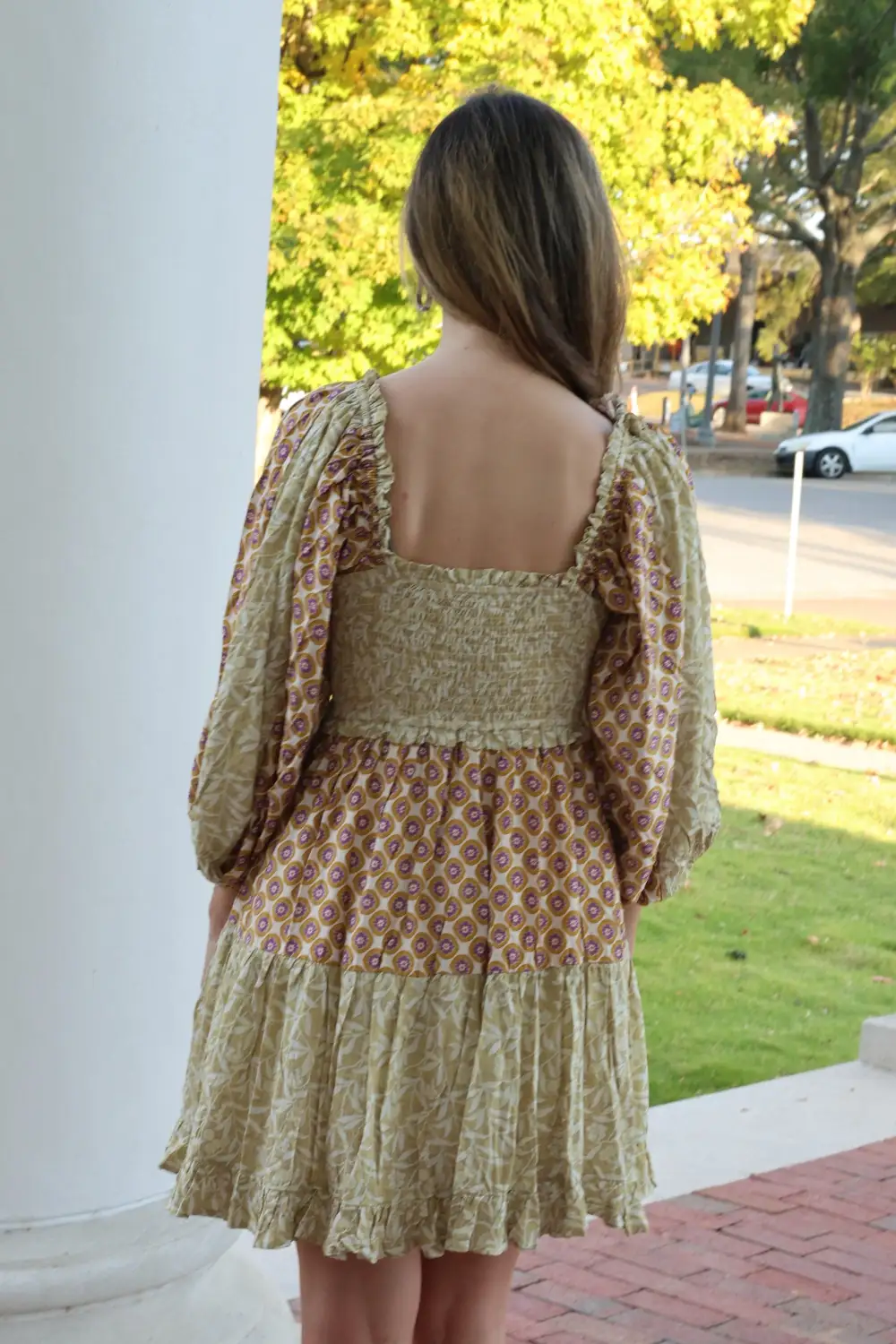 Smocked Tiered Ruffle Detail Balloon Sleeve Dress