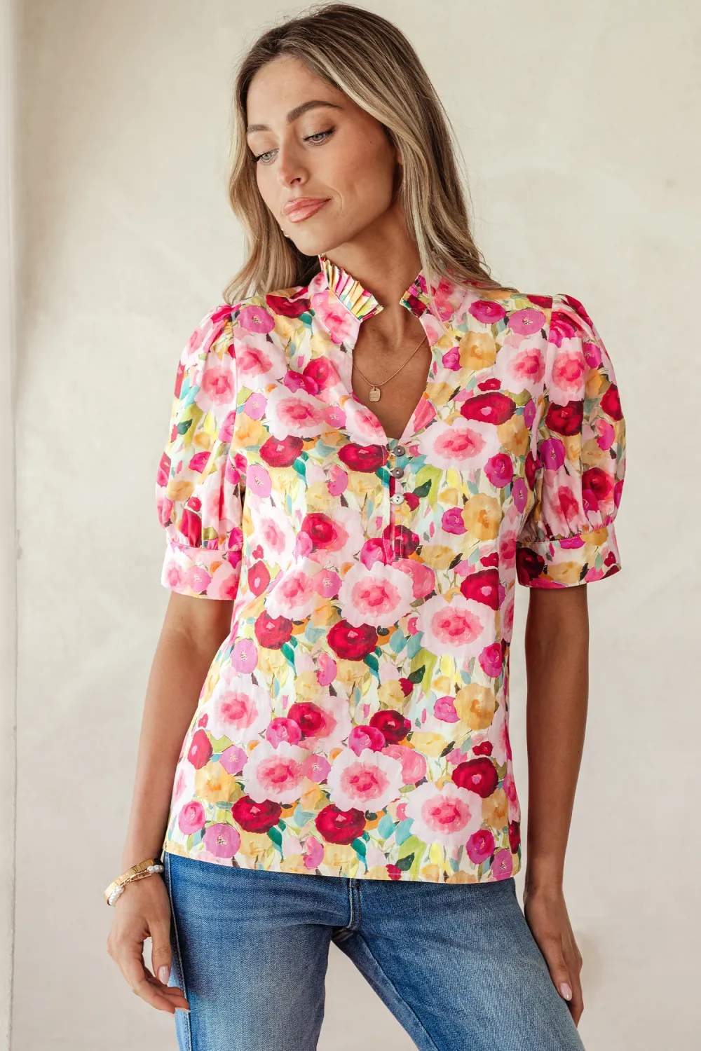 Pink Floral Frilled V Neck Blouse