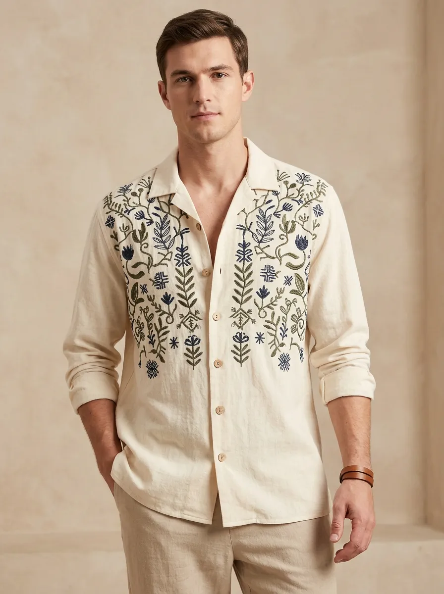 Men's Boho Inspired Floral Boho Embroidered Linen Long Sleeve Shirt
