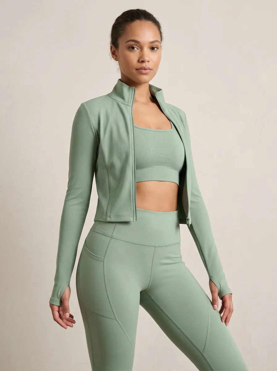 Urban Ribbed Texture Seamless Design Shape Women's Three Piece Activewear Set