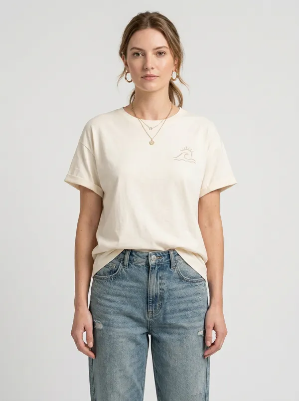 Women's Beach Lover Ocean Wave Printed T-shirt and Distressed Jeans Set