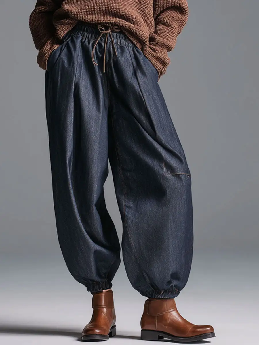 Elastic-Waist Retro Boho Jeans