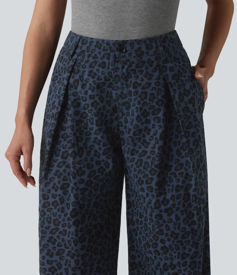 Pantalon large décontracté imprimé léopard taille mi-haute avec poches
