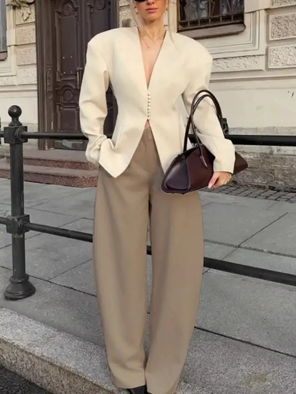 Button-Up V-Neck Structured-Shoulder Blazer