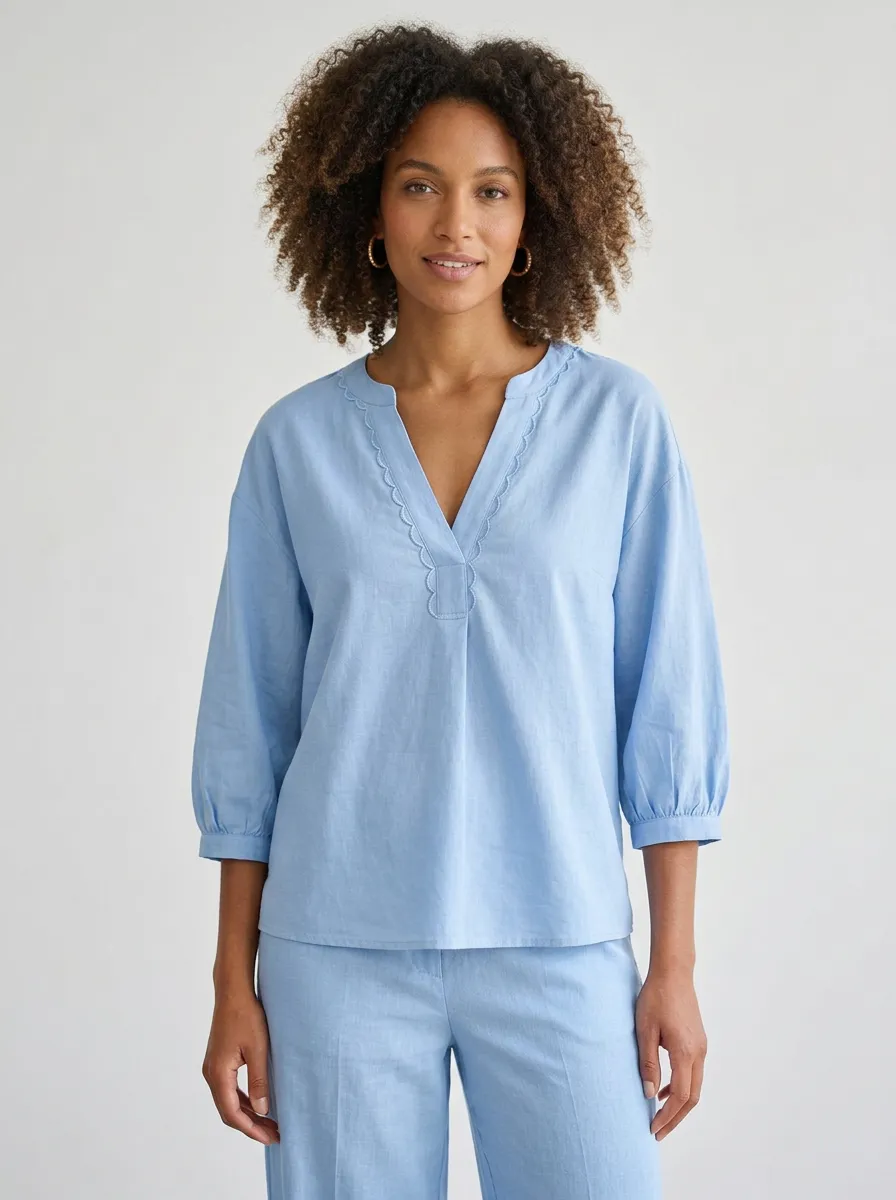 Short-Sleeve Three-Quarter-Sleeve Scalloped-Trim Women's V-Neck Shirt