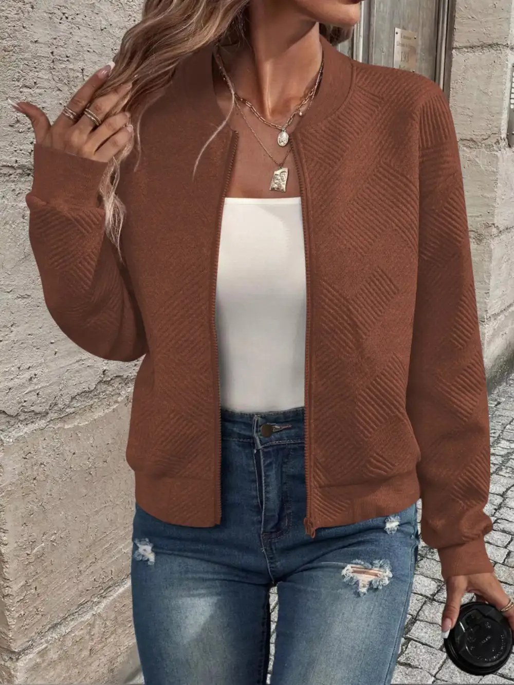 Texture Zip-up Bomber Jacket