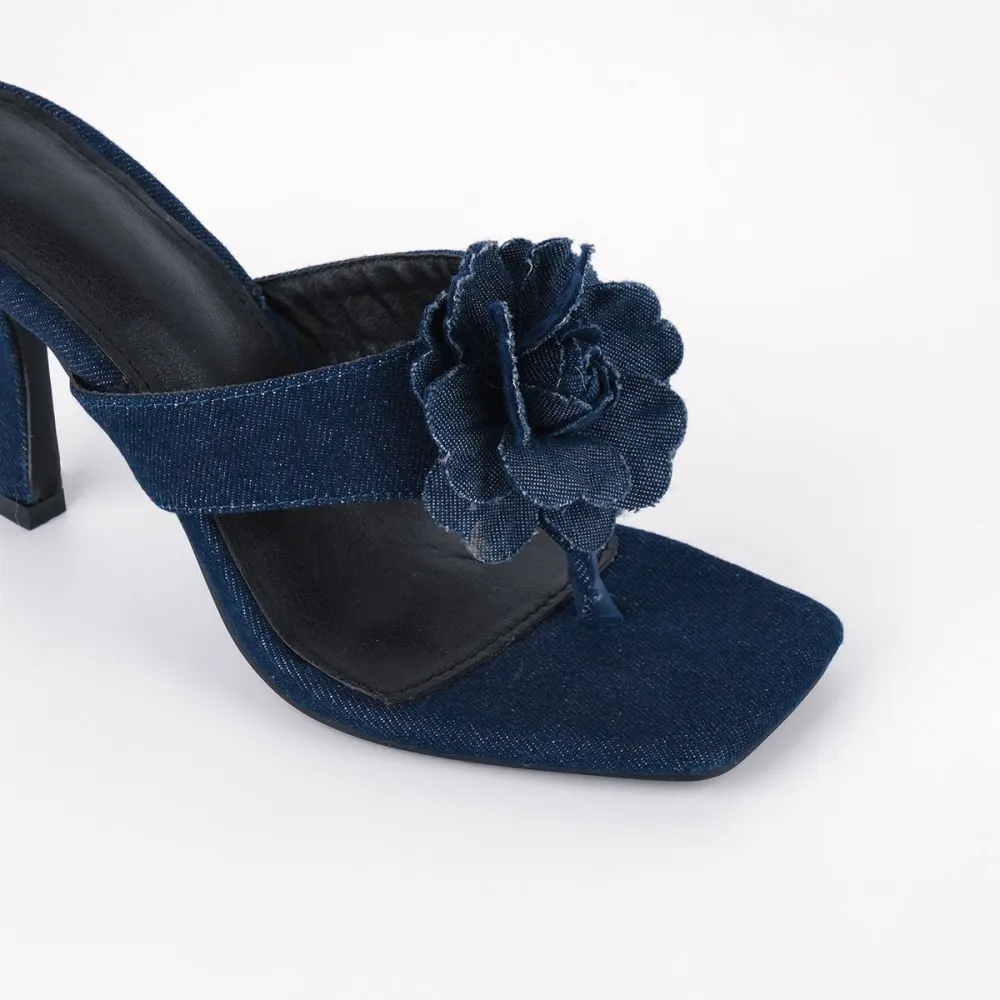 Square Toe Flower Denim Flip Flop Sandals