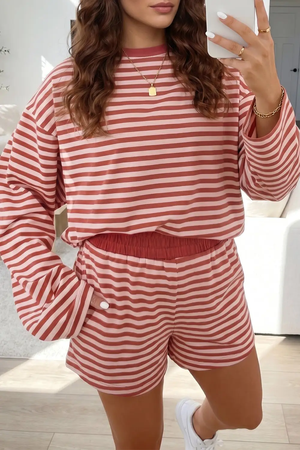 Women's Relaxed Long Sleeve Top Contrast Elastic Waistband Short Set