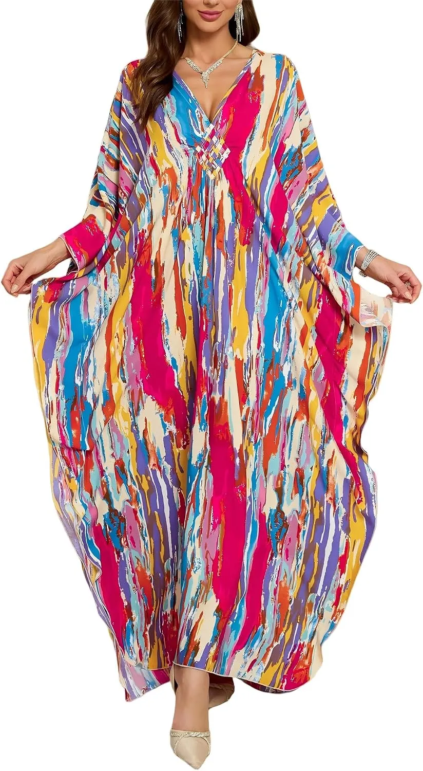 IMAGEKOPE Kaftan Dresses for Women Plus Size V-Neck Moo Moos Batwing Kaftan Beach Dress Bathing Suit Cover-Up Loungewear