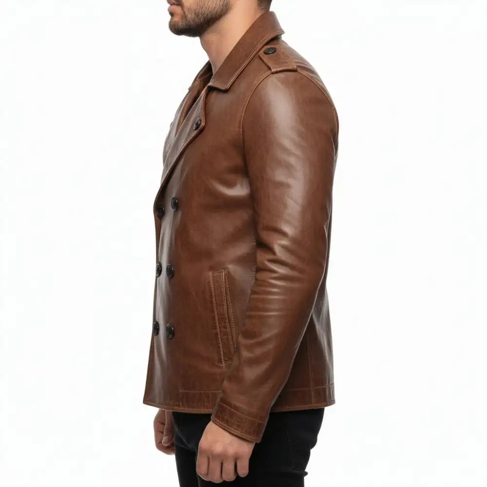 Leather Military Double Breasted Coat