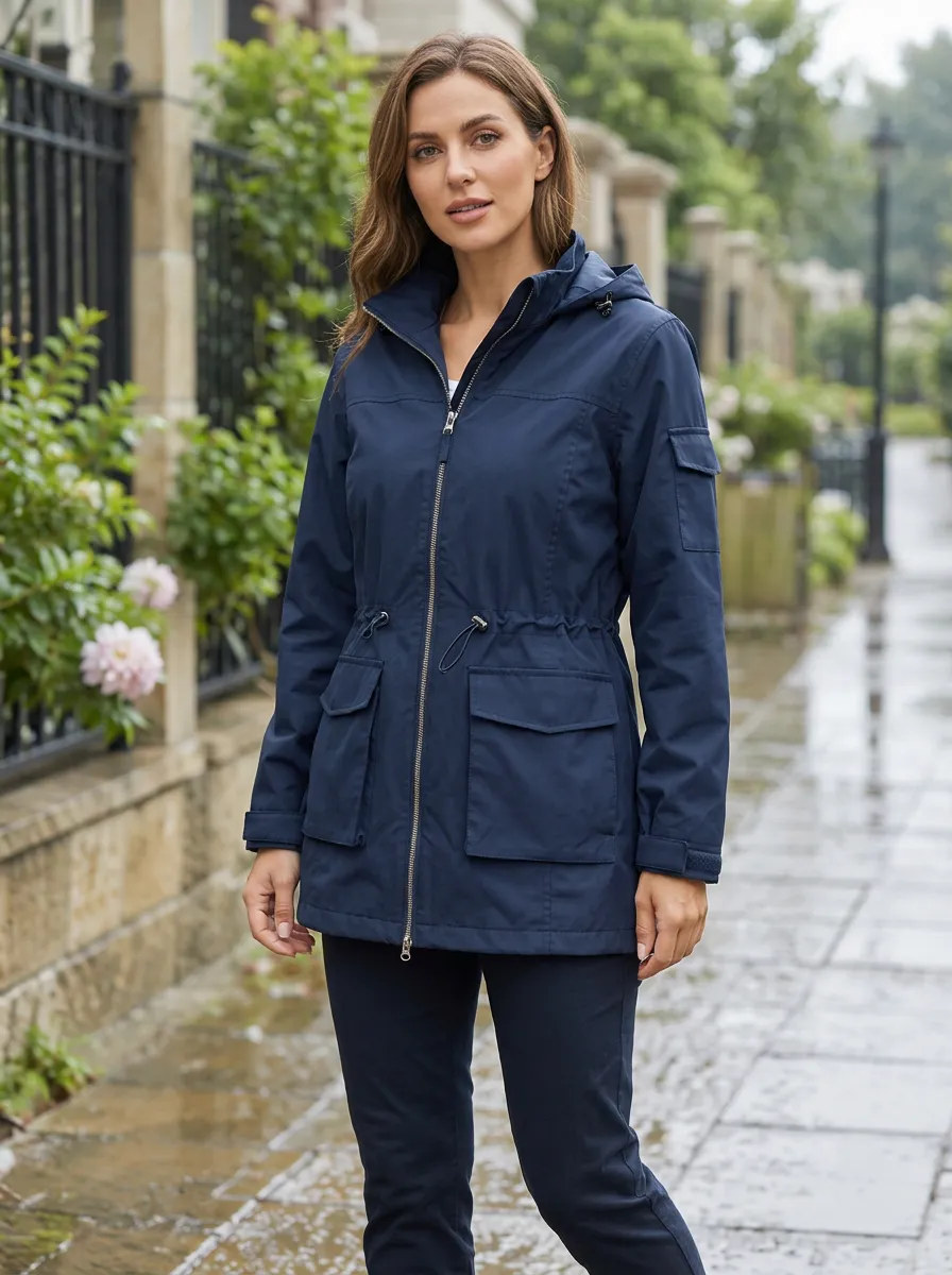 Women's Navy Blue Hooded Waterproof Rain Jacket with a Hood and Adjustable Cuffs