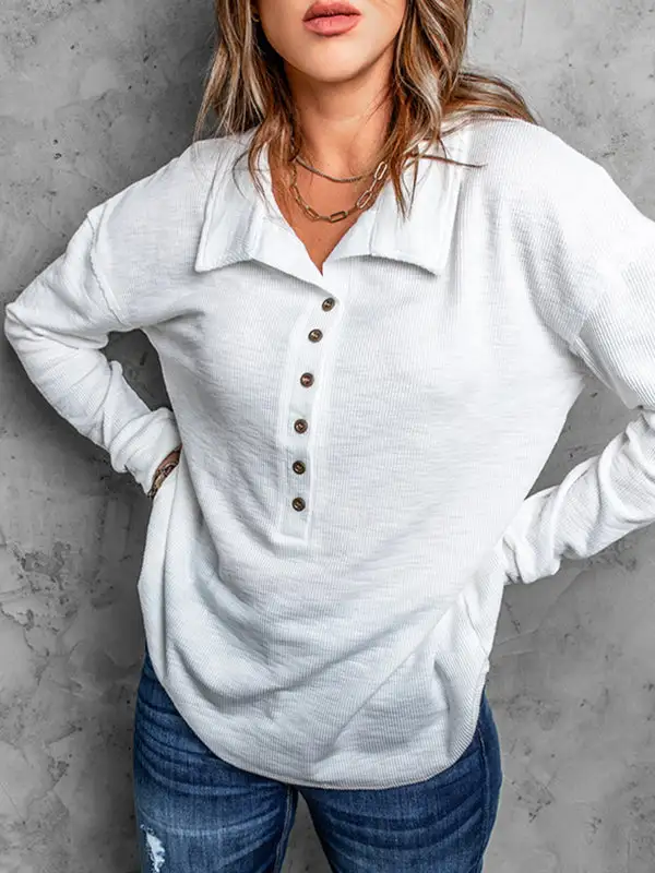 Long Sleeve Relaxed Button Detail Panel Detail Lapel T-Shirt