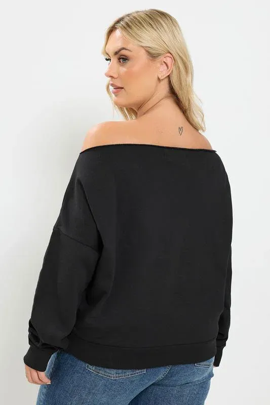Black '87' Leopard Off Shoulder Sweatshirt