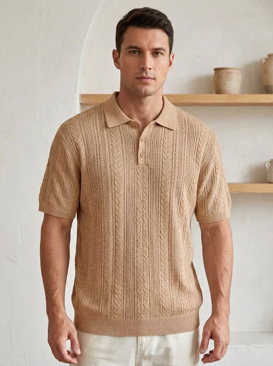 Men's Buttoned Cable-Knit Textured Knit Polo Shirt