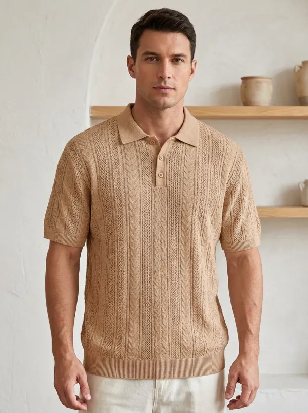 Men's Buttoned Cable-Knit Textured Knit Polo Shirt