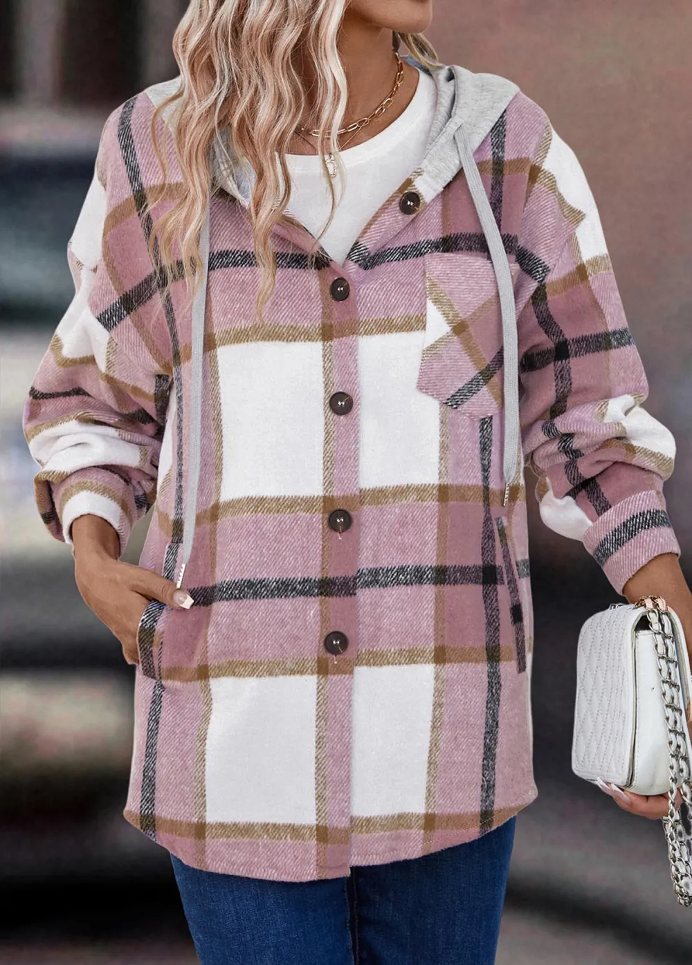 Pink Button Plaid Long Sleeve Hooded Coat