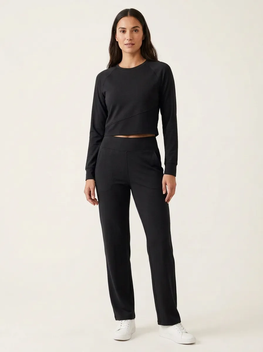 Women's Raglan Asymmetric-Seam Crop Top and Straight-Leg Pant Set
