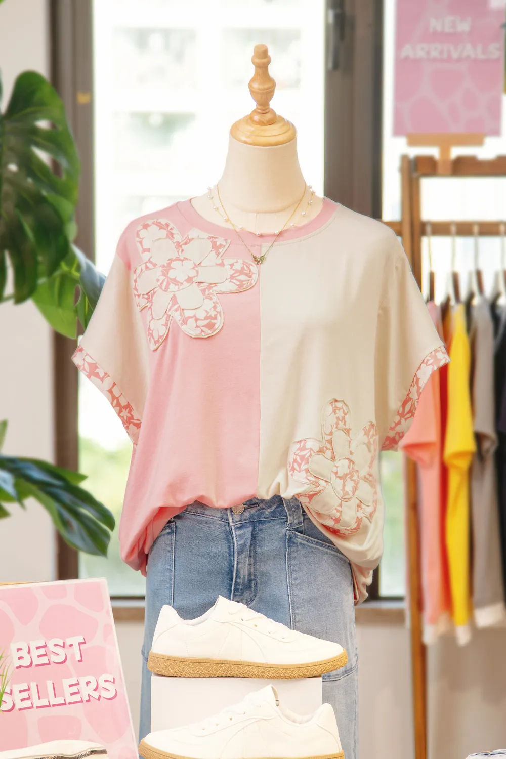 Apricot Block Flower Patched Loose Tee