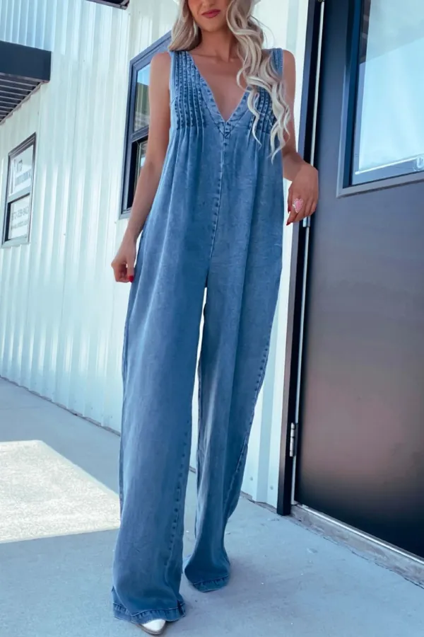 V Neck Wide Leg Everyday Jumpsuit Denim Pants