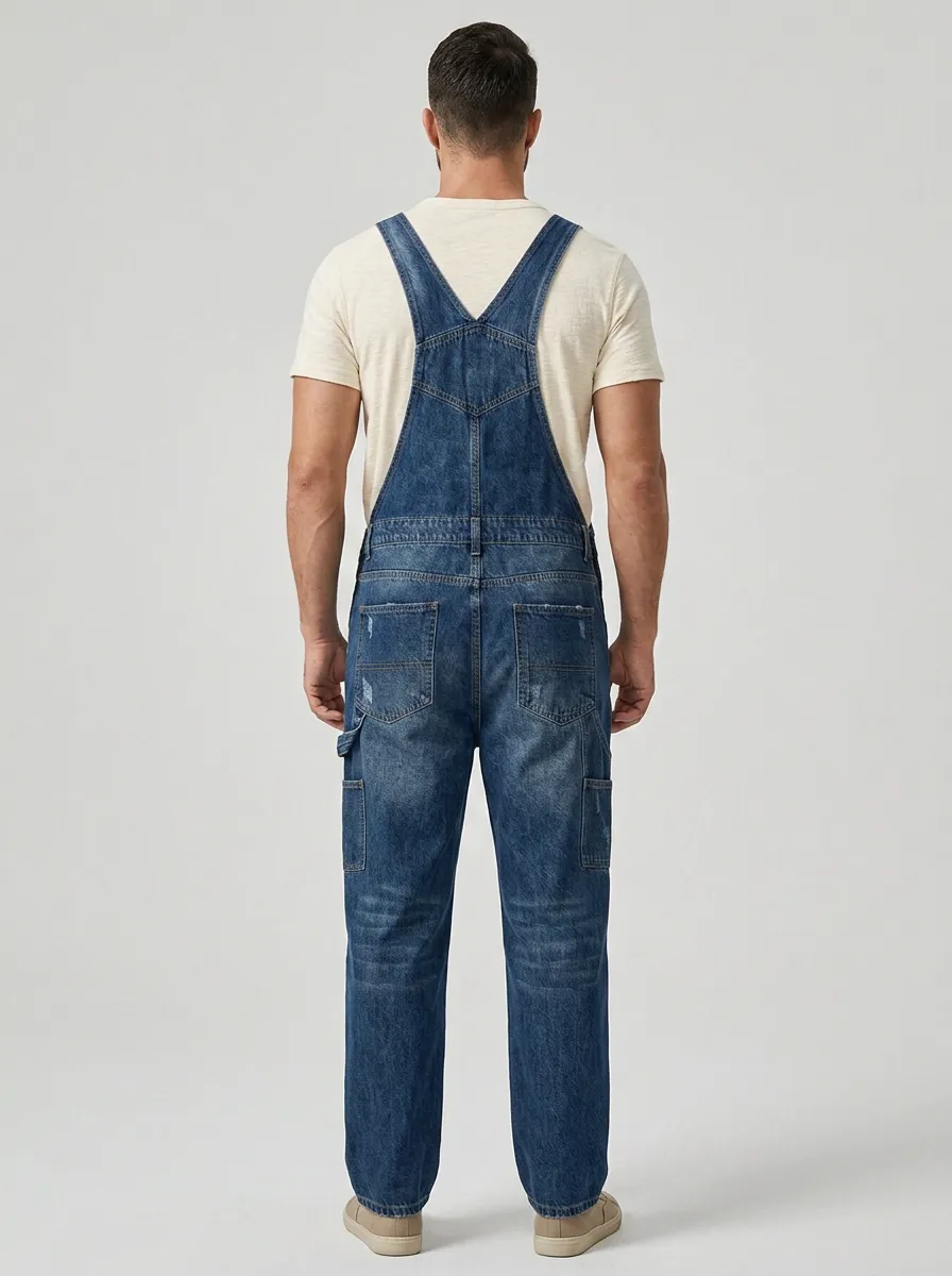 Men's Street Cargo-Pocket Denim Bib Overalls