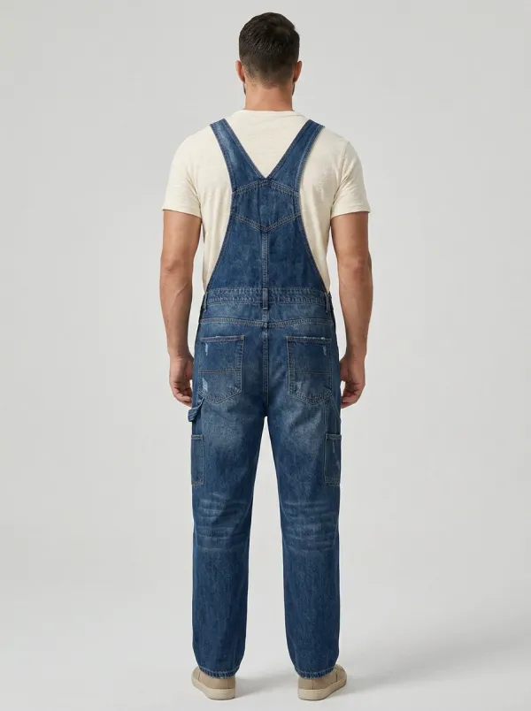 Men's Street Cargo-Pocket Denim Bib Overalls