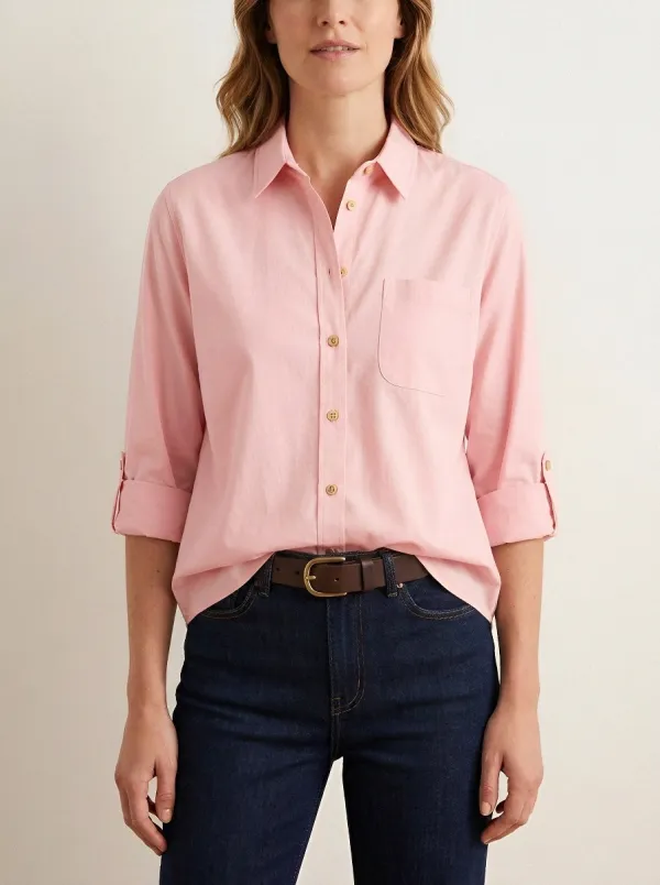 Women's Casual Minimalist Beige Button-Down Roll-Tab Sleeve Shirt