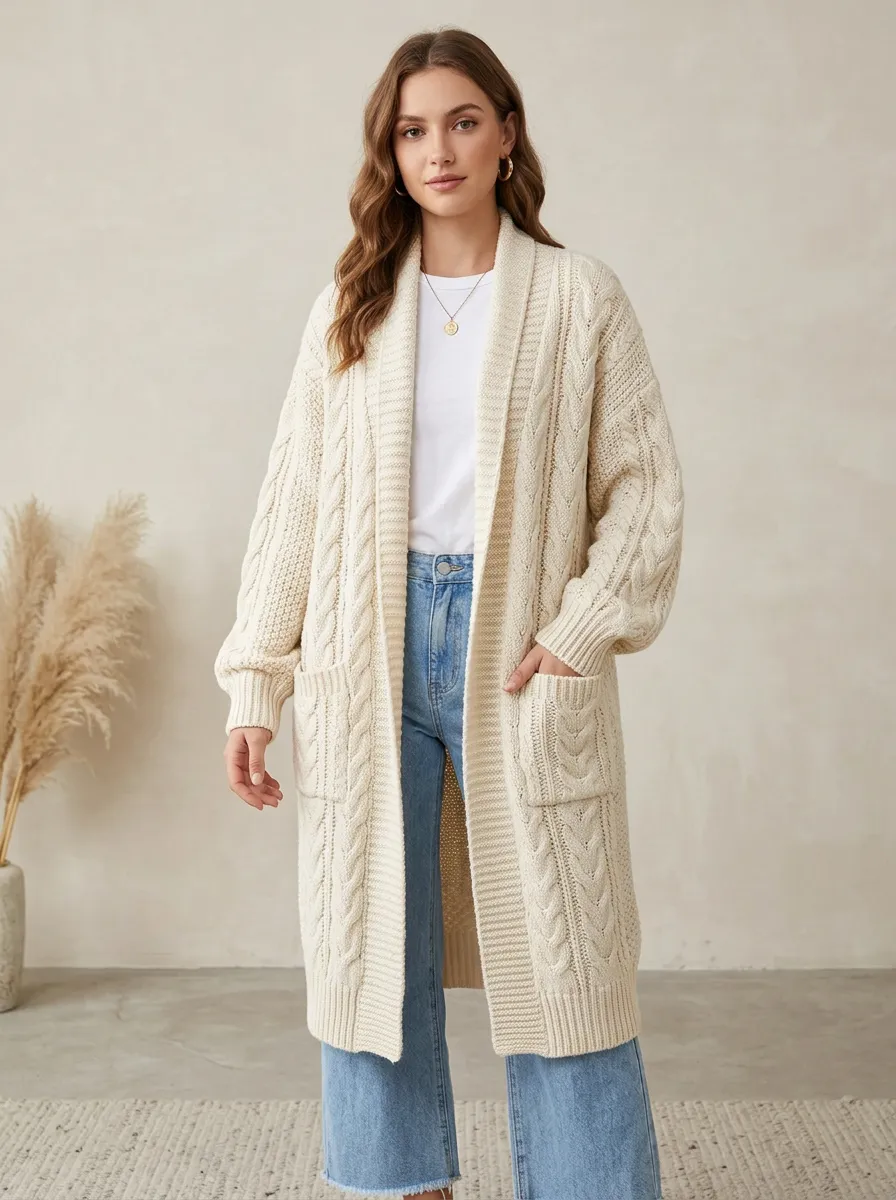 Women's Cable-Knit Open Front Cardigan Relaxed-Fit