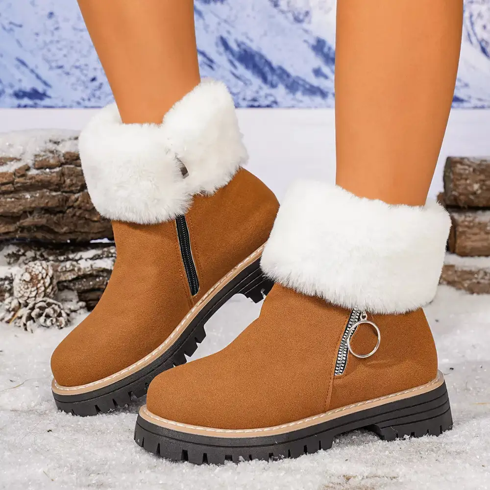 Fuzzy Ankle Boots with Zipper Detail