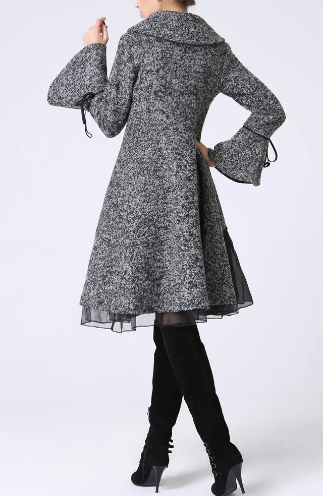 Wool Blend Swing Ruffle Trim Coat