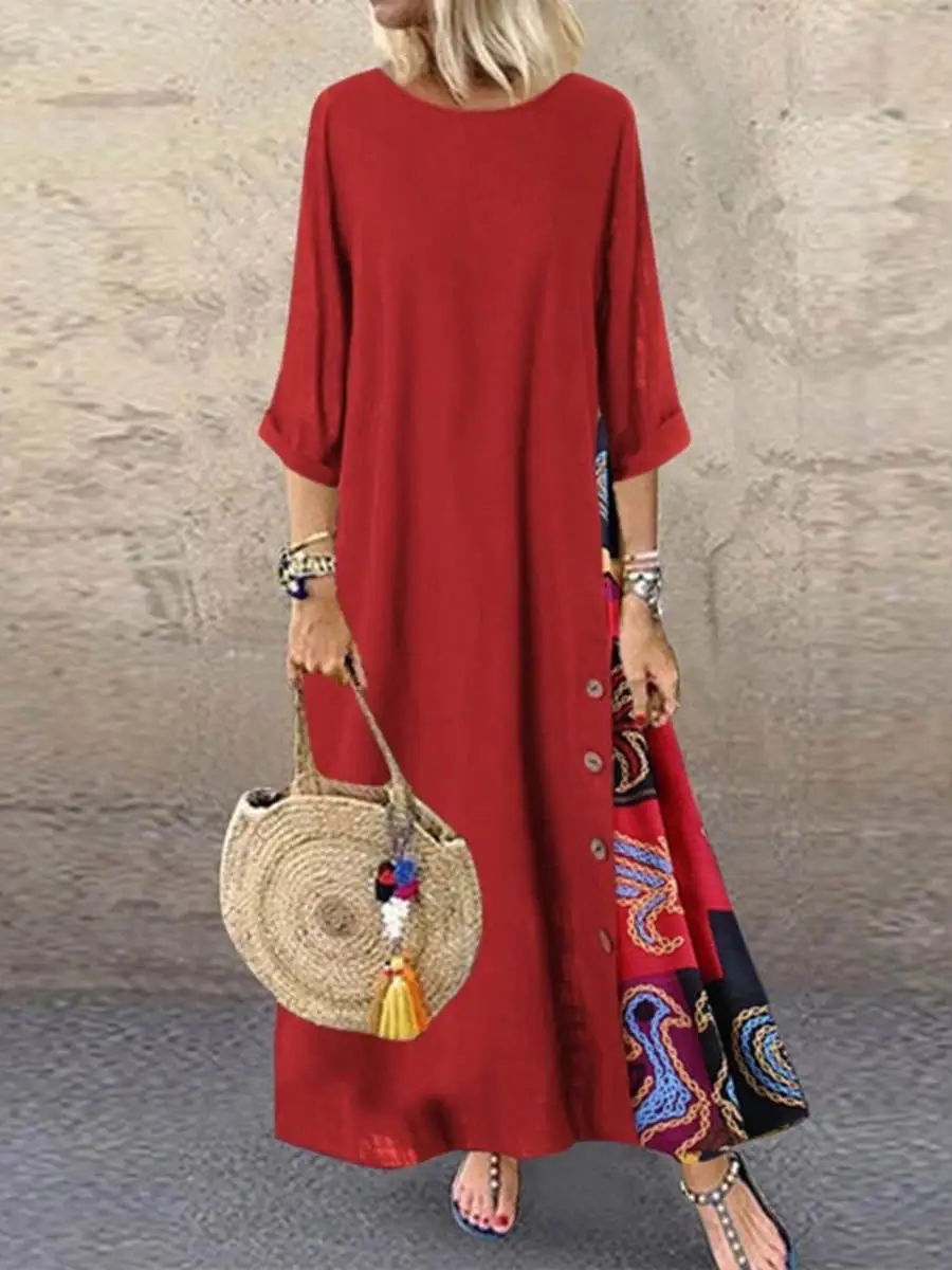 Printed Buttoned Neck Midi Dress
